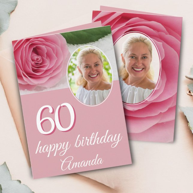 Pink Rose Flower Photo Floral 60th Birthday Card (Creator Uploaded)