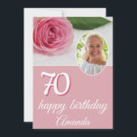 Pink Rose Flower Photo Floral 70th Birthday Card<br><div class="desc">Pink Rose Flower Photo Floral 70th Birthday Card. The card is pink and has a beautiful pink rose. The text is in a trendy white script. Add your name,  photo and message on the backside.</div>