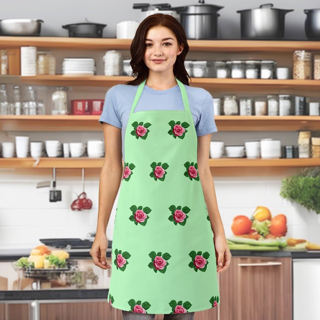 Pink Rose Flower Seamless Pattern on Light Green Apron (Pink Rose flower seamless pattern on light green apron)