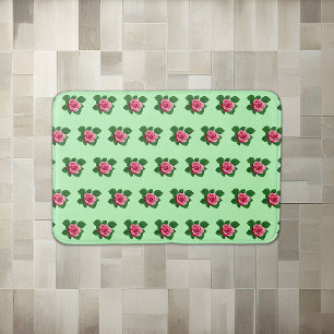 Pink Rose Flower Seamless Pattern on Light Green Bath Mat