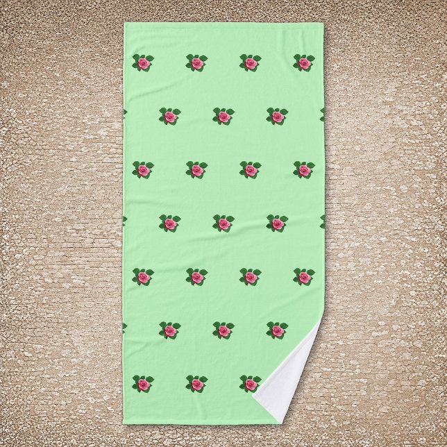Pink Rose Flower Seamless Pattern on Light Green Bath Towel (Pink Rose flower seamless pattern on light green bath towel)