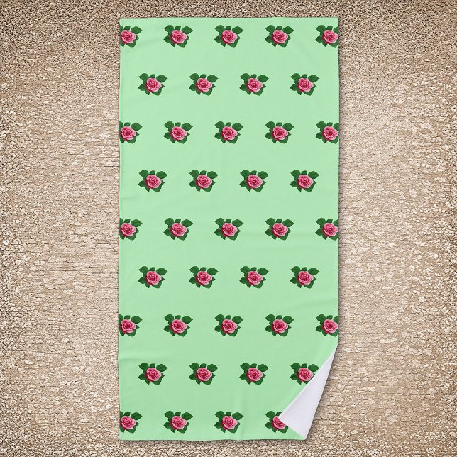 Pink Rose Flower Seamless Pattern on Light Green Beach Towel (Pink Rose flower seamless pattern on light green beach towel.)