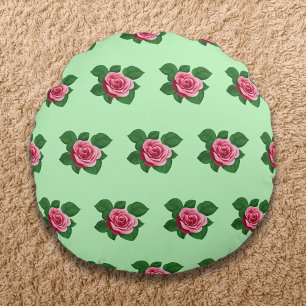 Pink Rose Flower Seamless Pattern on Light Green Round Cushion