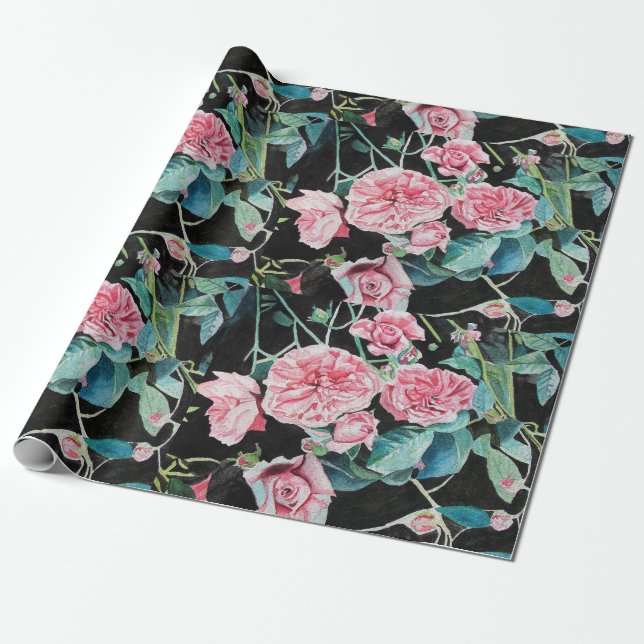 Pink Rose flower Watercolor Painting Art Roses Wrapping Paper (Unrolled)