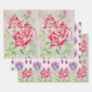 Pink Rose flower Watercolor Painting Art Roses Wrapping Paper Sheet