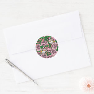 Pink Rose flowers and goldfinch birds Classic Round Sticker