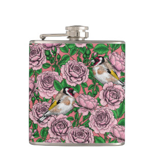 Pink Rose flowers and goldfinch birds Hip Flask