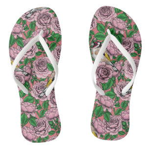 Pink Rose flowers and goldfinch birds Jandals