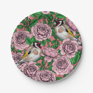 Pink Rose flowers and goldfinch birds Paper Plate