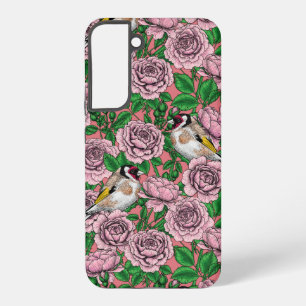 Pink Rose flowers and goldfinch birds Samsung Galaxy Case