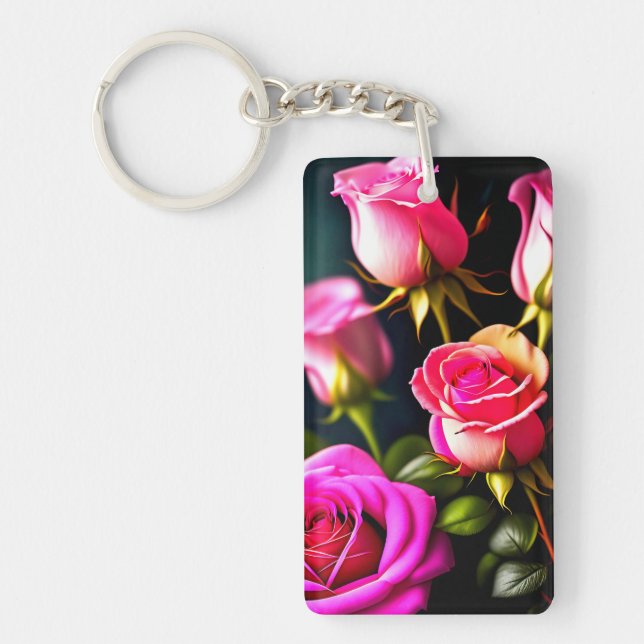 Pink Rose Flowers Digital Artwork Key Ring (Front)