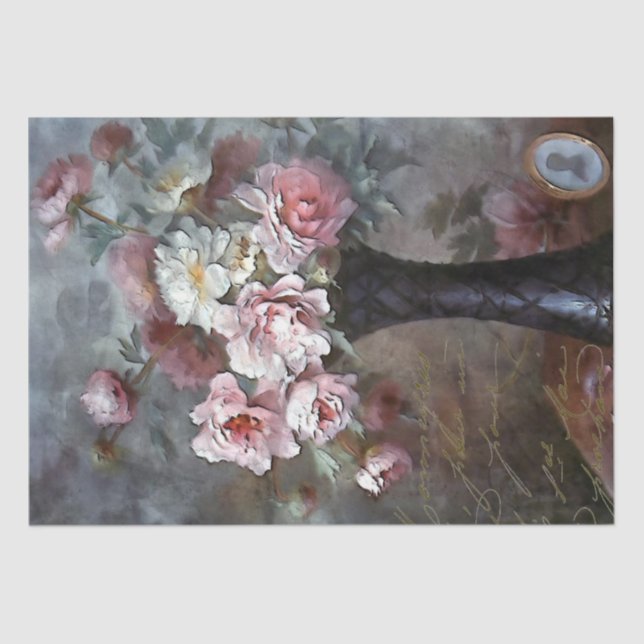 Pink Rose Flowers French Script Vase Decoupage     Tissue Paper (Front)