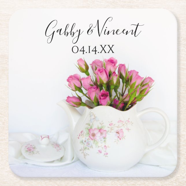 Pink Rose Flowers in Teapot Tea Party Wedding Square Paper Coaster (Front)