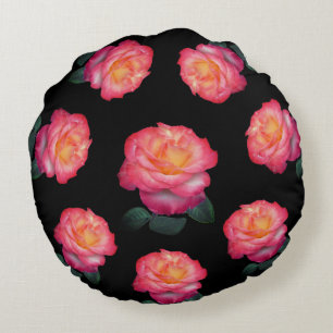 Pink Rose Flowers on Black Round Pillow