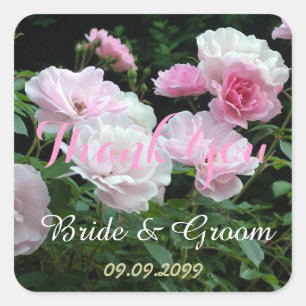 pink rose flowers wedding favour thank you square sticker