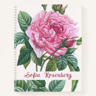 Pink Rose Flowers with Green Leaves Monogram Notebook