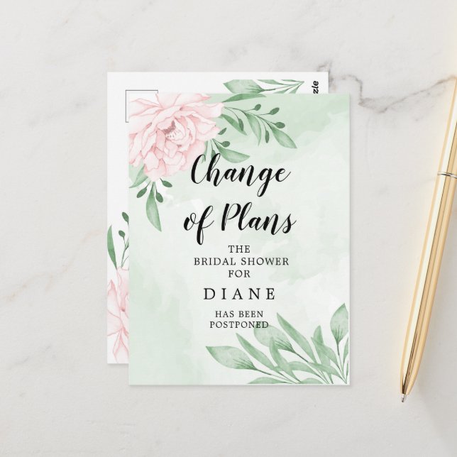 Pink Rose Foliage Change The Date Bridal Shower Postcard (Front/Back In Situ)