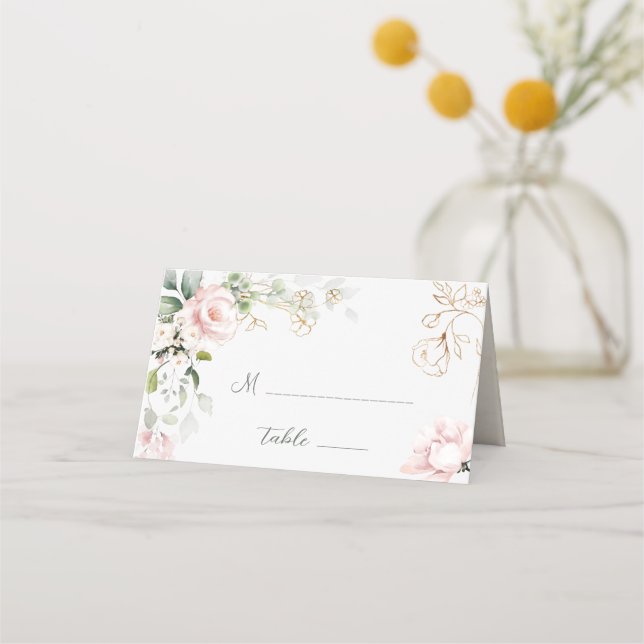 Pink Rose Foliage Wedding Folded Place Card (Front)