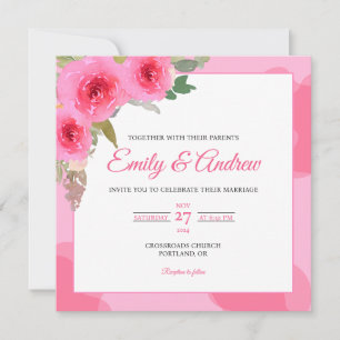 Pink Rose Frame Floral Watercolor Square Wedding Invitation