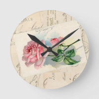 Pink Rose French Postcard Wall Clock