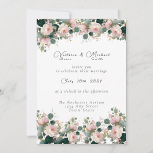 Pink Rose Garden Eucalyptus Wedding Invitation