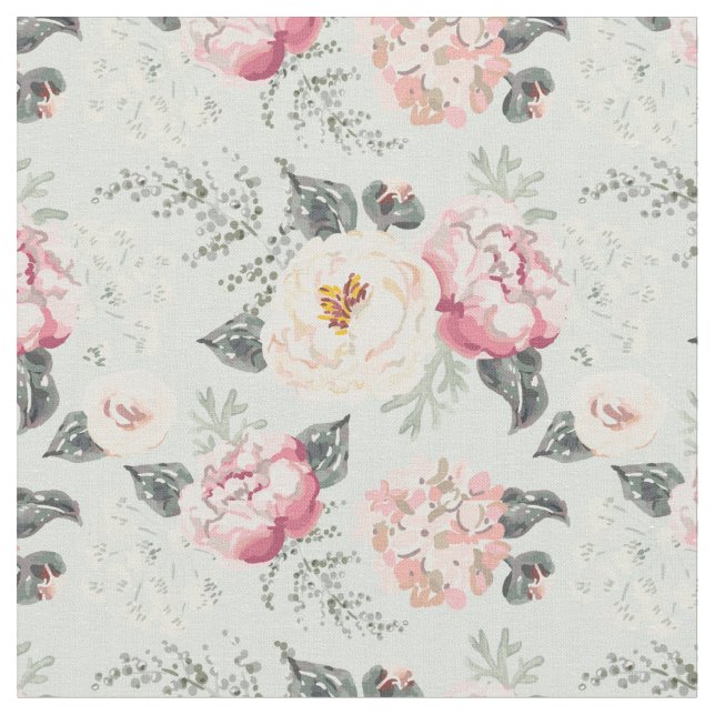 Pink Rose Garden Flower Pattern Fabric (Close Up)