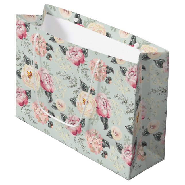 Pink Rose Garden Flower Pattern Large Gift Bag (Front Angled)