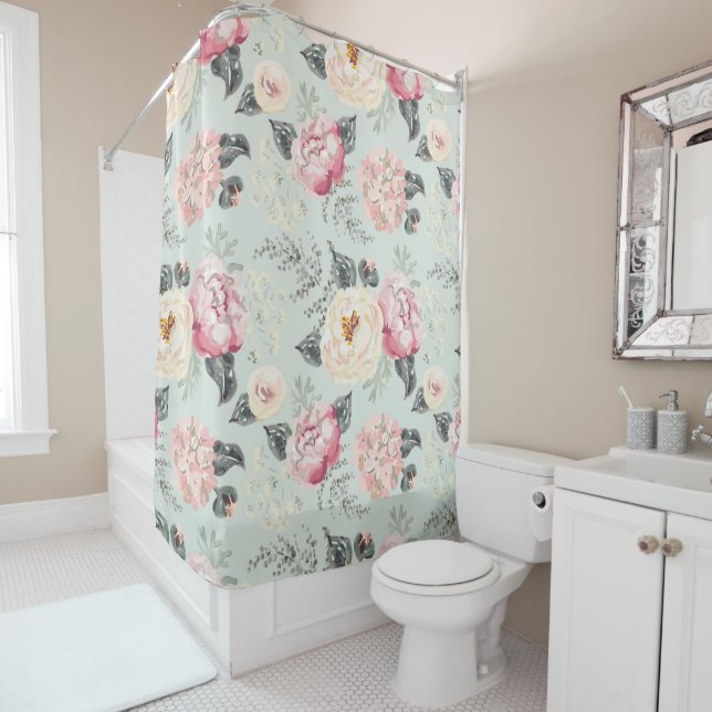 Pink Rose Garden Flower Pattern Shower Curtain (In Situ)