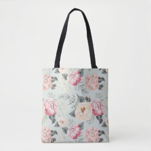 Pink Rose Garden Flower Pattern Tote Bag
