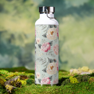 Pink Rose Garden Flower Pattern Water Bottle