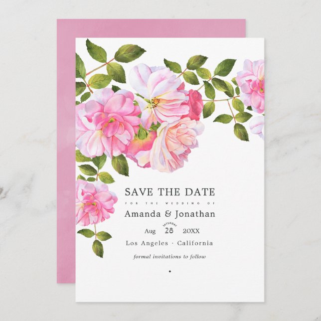 Pink Rose Garden Wedding Photo Save The Date (Front/Back)