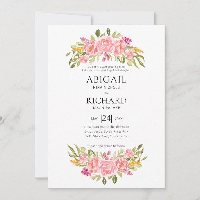Pink rose garland invitation (Front)