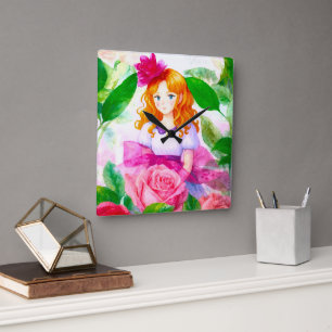 Pink Rose Girl Square Wall Clock