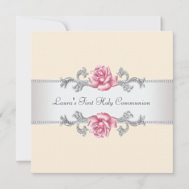 Pink Rose Girls First Communion Invitation (Front)