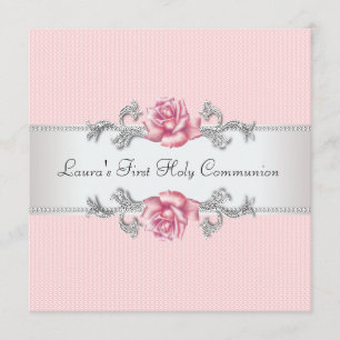 Pink Rose Girls First Communion Invitation