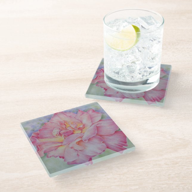 Pink Rose Glass Coaster (Angled)