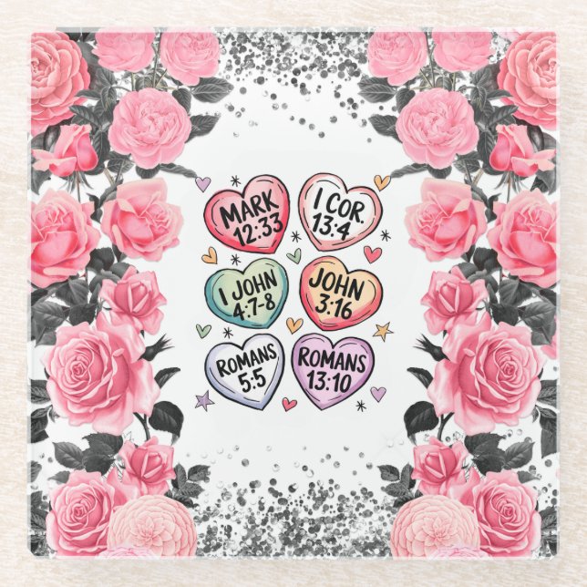 Pink Rose Glitter Christian Glass Coaster (Front)