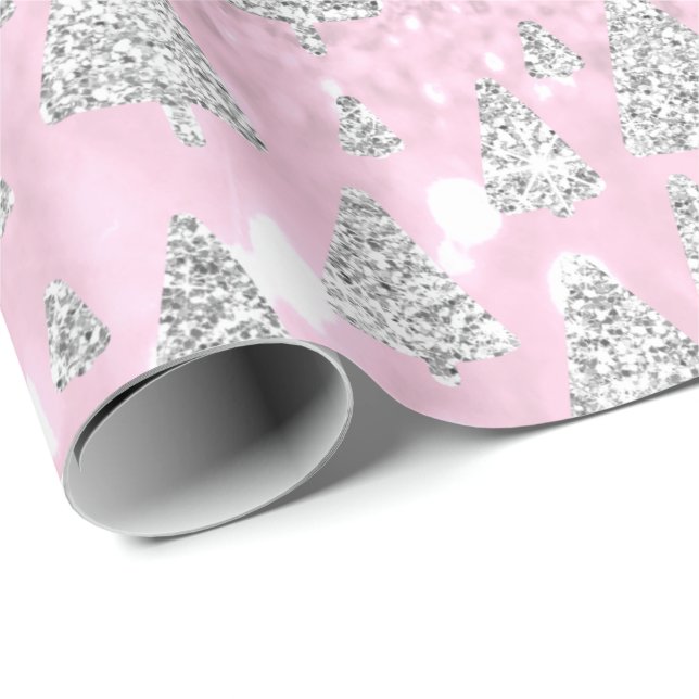 Pink Rose Glitter Christmas Tree Holidays Joy Merr Wrapping Paper (Roll Corner)