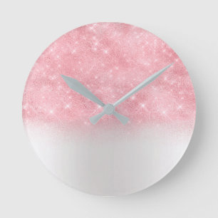 Pink Rose Glitter Metal Grey Silver Sparkly Abstra Round Clock