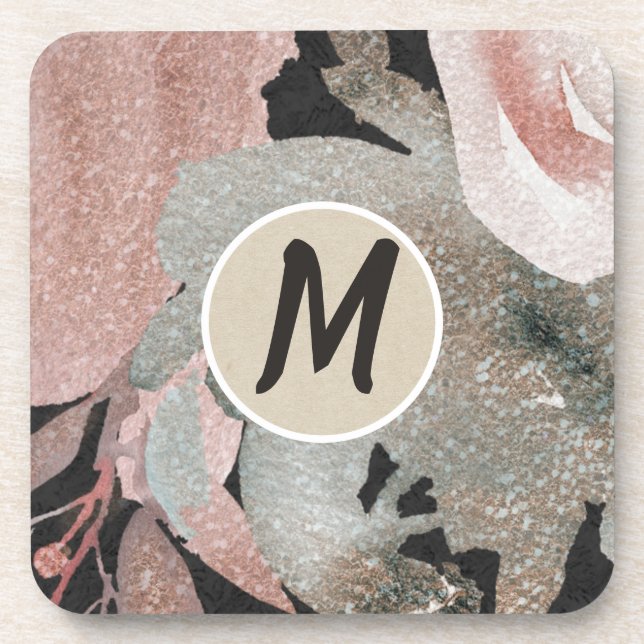 Pink Rose Glitter Roses Dark Floral Glam Elegant Coaster (Front)