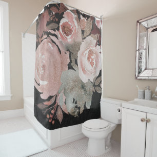 Pink Rose Glitter Roses Dark Floral Glam Elegant Shower Curtain