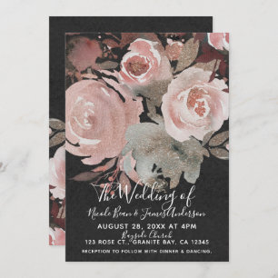 Pink Rose Glitter Roses Dark Floral Glam Wedding Invitation