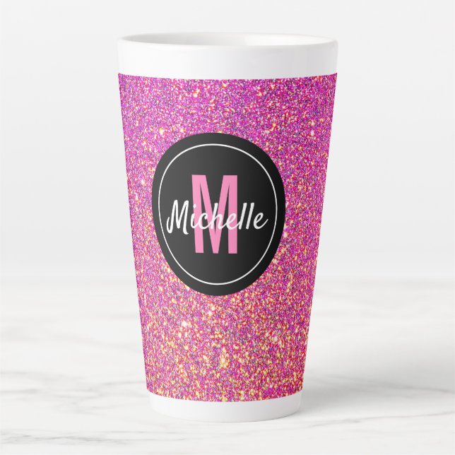Pink Rose Glitter Sparkle Monogram Chic Latte Mug (Front)