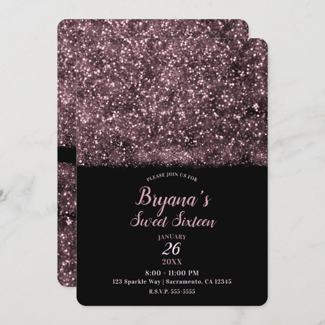 Pink Rose Glitter Sparkling Lights Sweet 16 Party Invitation (Front/Back)