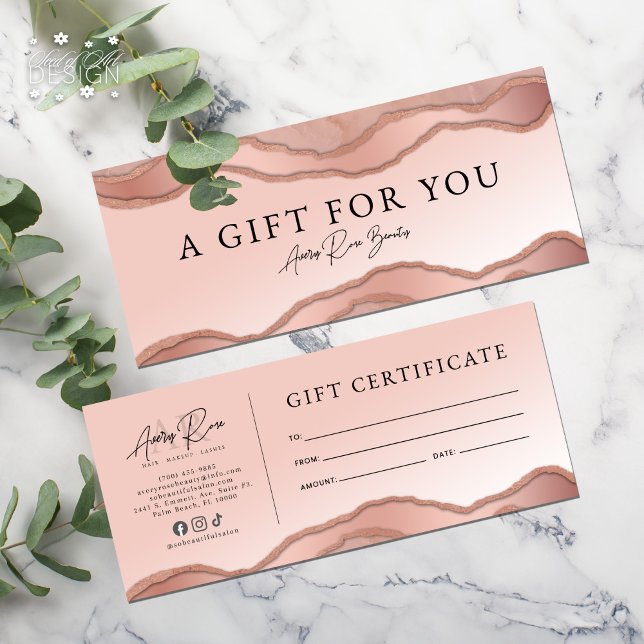 Pink Rose Gold Agate Beauty Salon Gift Certificate (Creator Uploaded)