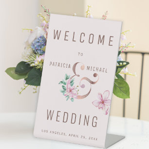 Pink rose gold ampersand welcome wedding sign