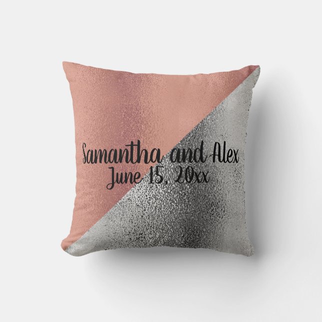 Pink Rose Gold and Silver Metallic Wedding Date Cushion (Front)