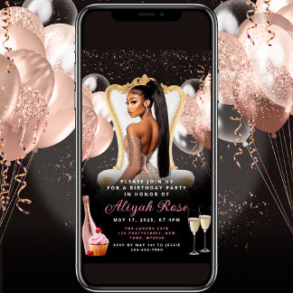 Pink Rose Gold Balloons Royal Birthday Invitation