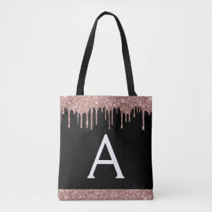 Pink Rose Gold Black Glitter Elegant Monogram Tote Bag