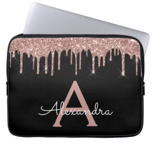 Pink Rose Gold Black Glitter Sparkle Monogram Laptop Sleeve
